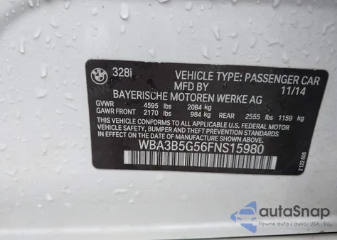 2015 BMW 328I xDrive z USA, uszkodzony, nr VIN WBA3B5G56FNS15980